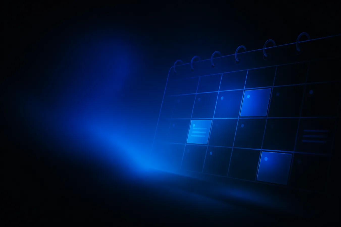 Cuadrícula de agenda iluminada en azul sobre fondo editorial oscuro.