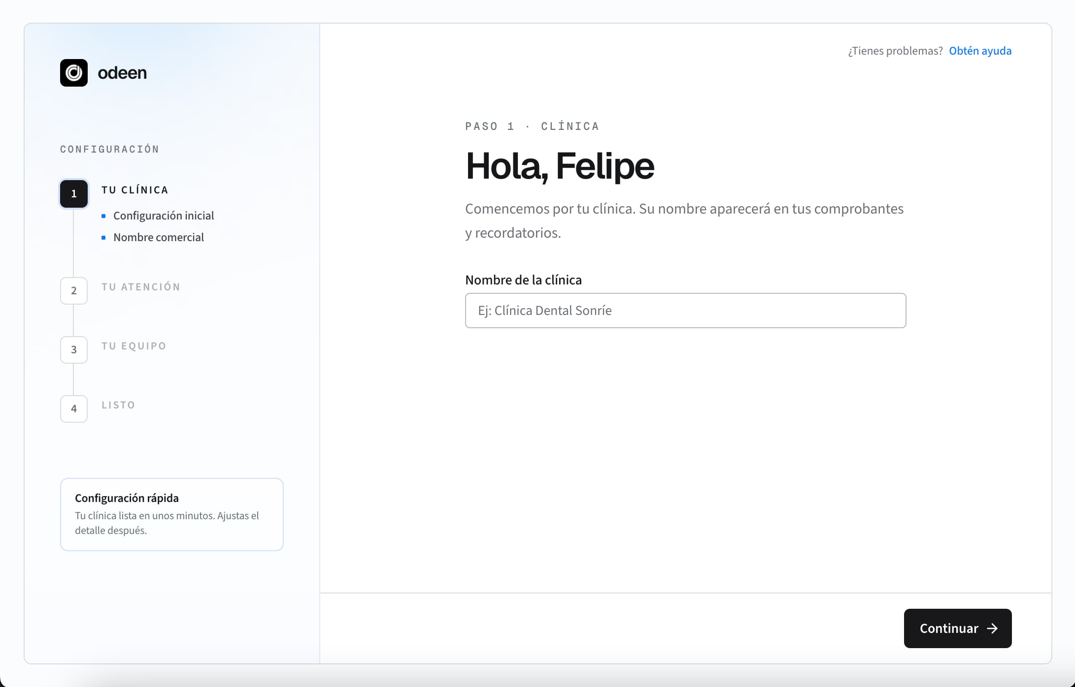 Configuración inicial de una clínica en Odeen