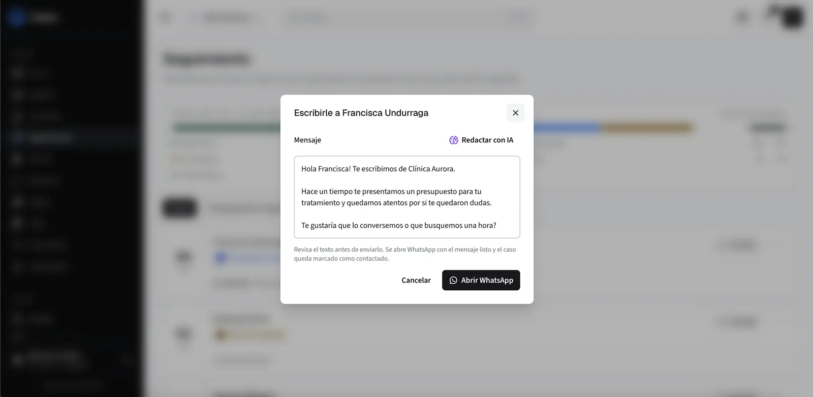 Mensaje de seguimiento a un paciente, editable antes de WhatsApp