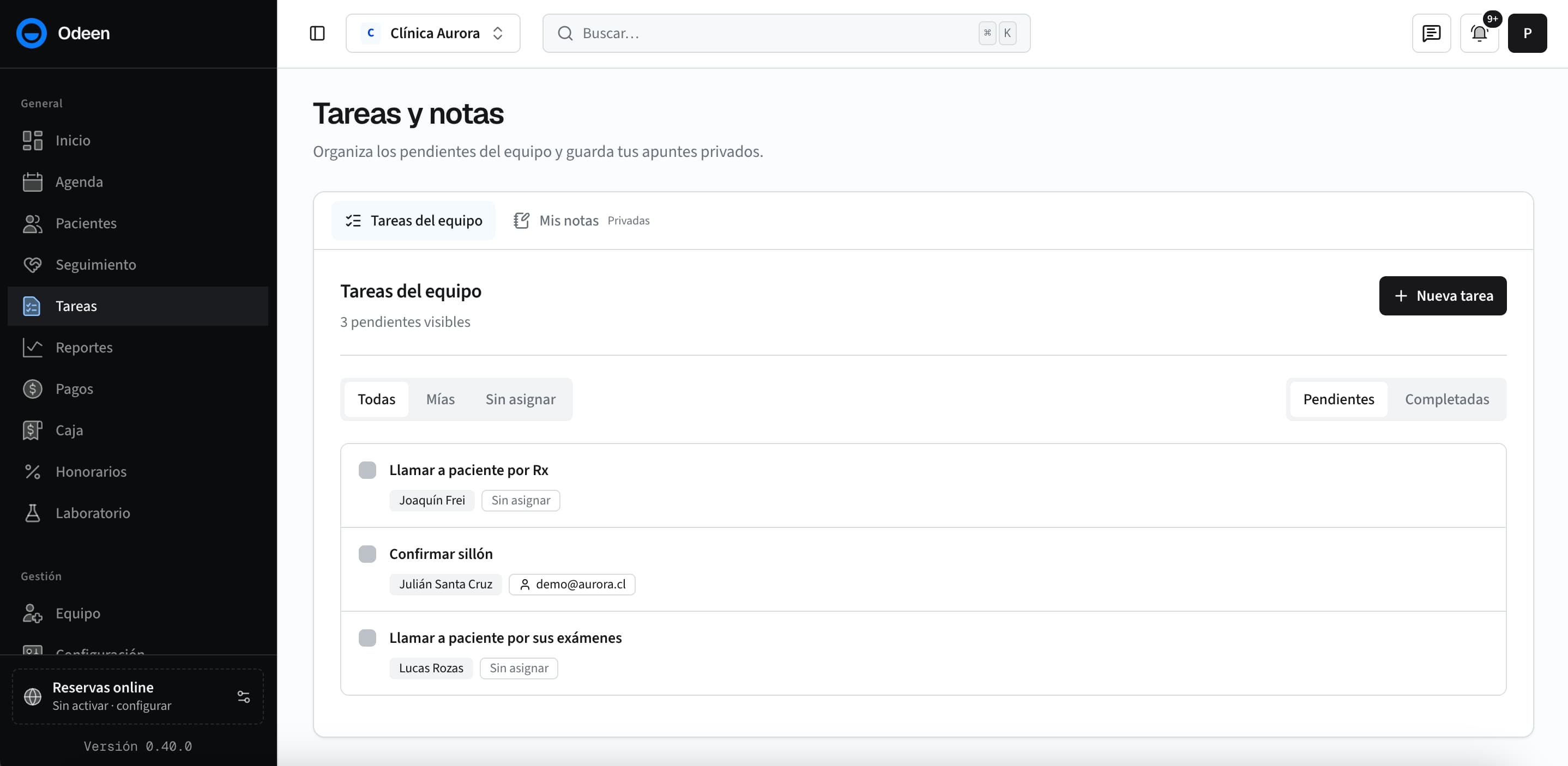 Tareas del equipo y notas personales en Odeen